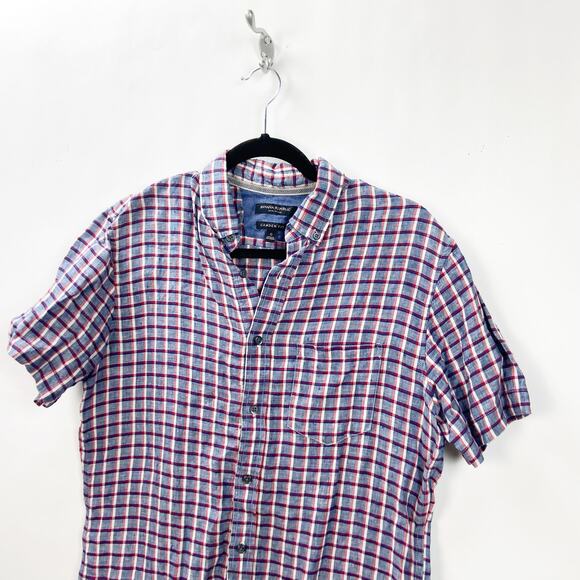 Banana Republic Small Mens Red Blue Checkered Linen Button Down Shirt - Picture 2 of 5